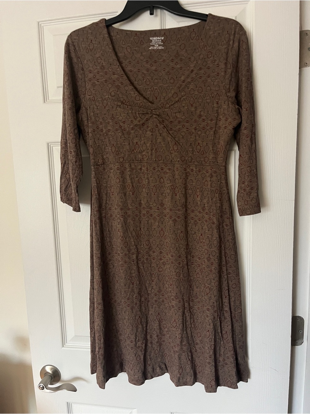 Toad&Co Medium Brown Geometric Leaf Print A-Line Dress 3/4 Sleeve Organic Cotton